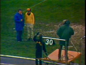 At work on a rainy football game in 1985.